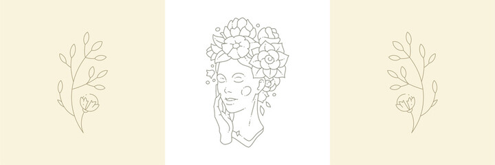 Blossom female face with floral wreath natural beauty plant greeting pastel card set vector