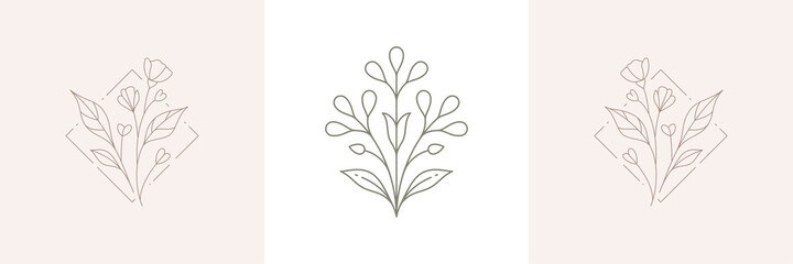 Monochrome line art floral emblem at rhombus frame hand drawn decorative design wedding card set