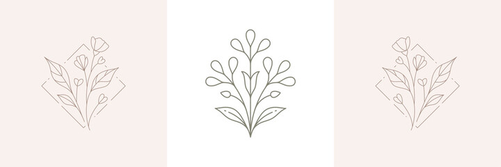 Monochrome line art floral emblem at rhombus frame hand drawn decorative design wedding card set