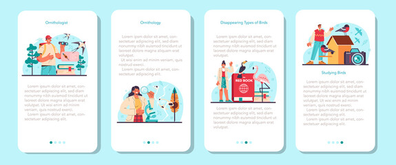 Ornithologist mobile application banner set. Professional scientist