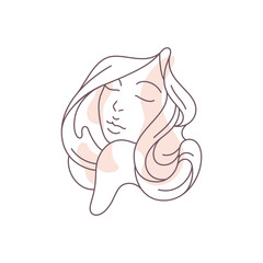 Abstract elegant lady face with long waving hair and closed eyes pastel spot continuous line icon