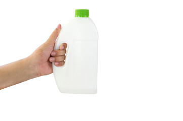 hand holding  gallon of milk  isolated on white background