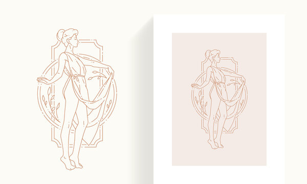 Line art woman antique goddess posing in Greek dress at abstract botanical frame minimalist icon