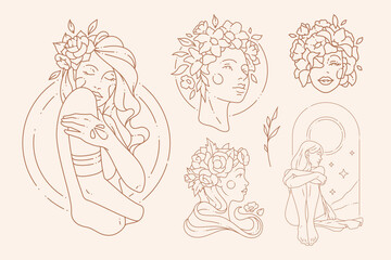 Simple line art deco female decorated by blossom flowers on head posing at abstract frame logo set
