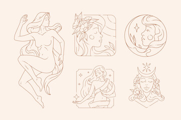 Line art magical esoteric female naked body and portrait decorated by half moon and blossom flower