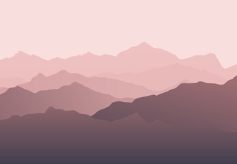 Beautiful pink mountain silhouette landscape with fog and sunrise and sunset in mountains background. Outdoor and hiking concept. Vector. Good for wallpaper, site banner, cover, poster.
