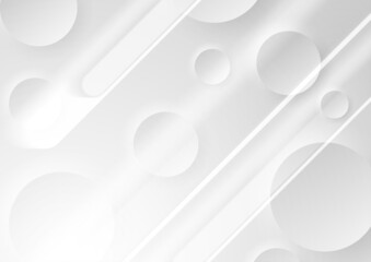 Grey white smooth stripes and glossy circles abstract tech background. Vector design