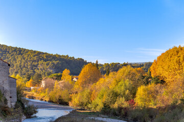 Fototapeta na wymiar paysage d'automne avec des arbres jaunes et des montagnes, vue de la ville de Vaison-la-Romaine
