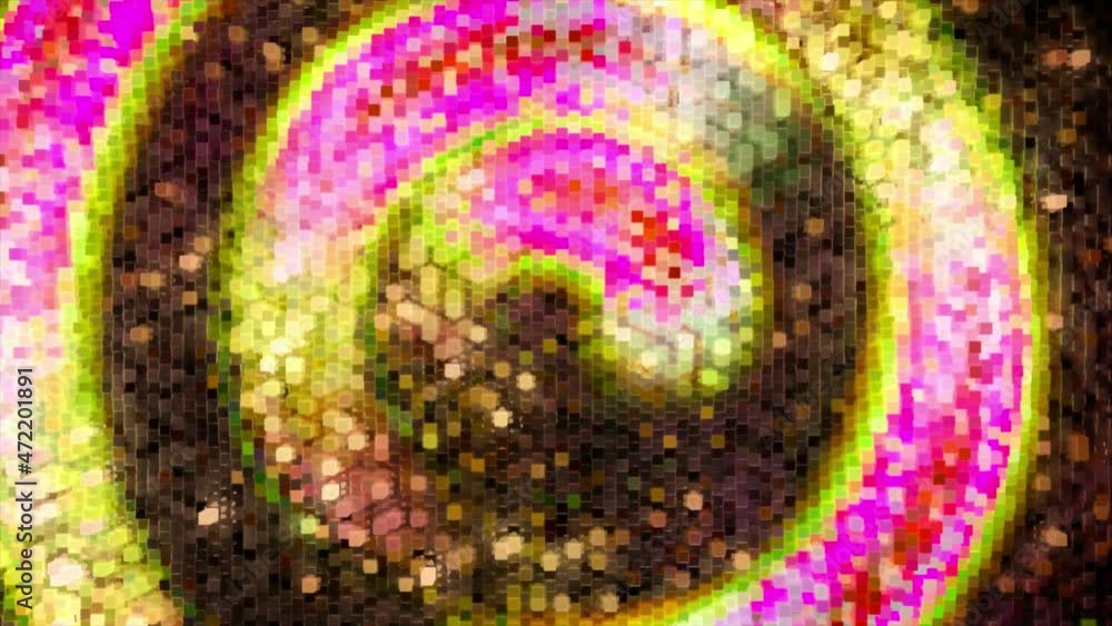 Poster abstract swirl of neon pixels moves counterclockwise. pink yellow color. 3d animation of seamless lo