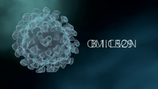 Microscopic view of a infectious SARS-CoV-2 omicron virus cell. 3D endless loop animation with text - OMICRON B.1.1.529