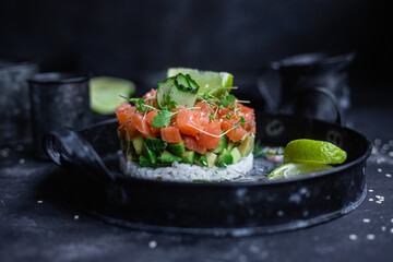 salmon and avocado tartare on a plate