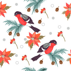 Christmas seamless endless pattern with Poinsettia flower and bullfinch. Repeatable decorative texture or wrapping design for Christmas and New Year, hand drawn vector illustration.
