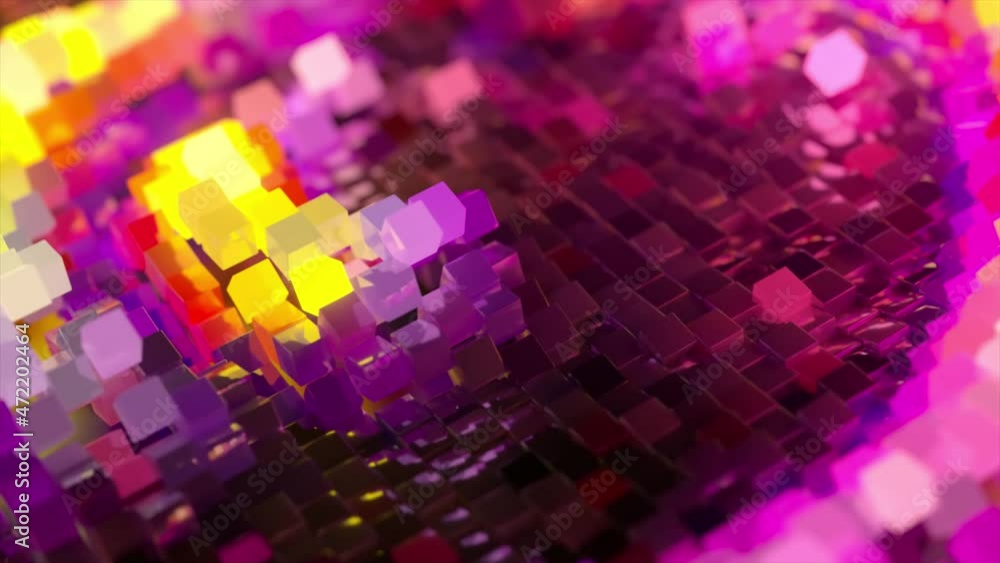 Poster abstract wave surface consisting of blocks moves in a random chaotic order. pink yellow color. 3d an