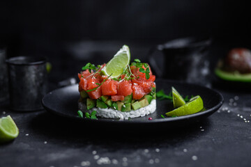 salmon and avocado tartare on a plate