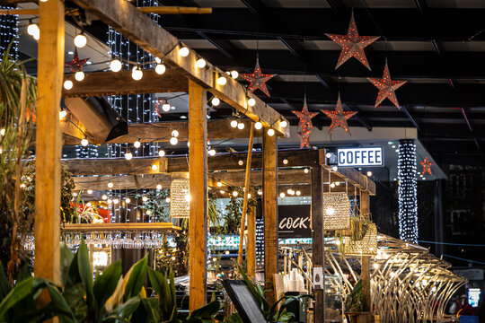 Coffee sign at Spitafields market at Christmas time, London