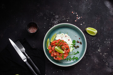 salmon and avocado tartare on a plate