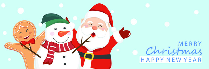 Merry Christmas and happy new year greeting card with Santa Claus, Gingerbread man and snowman. -Vector