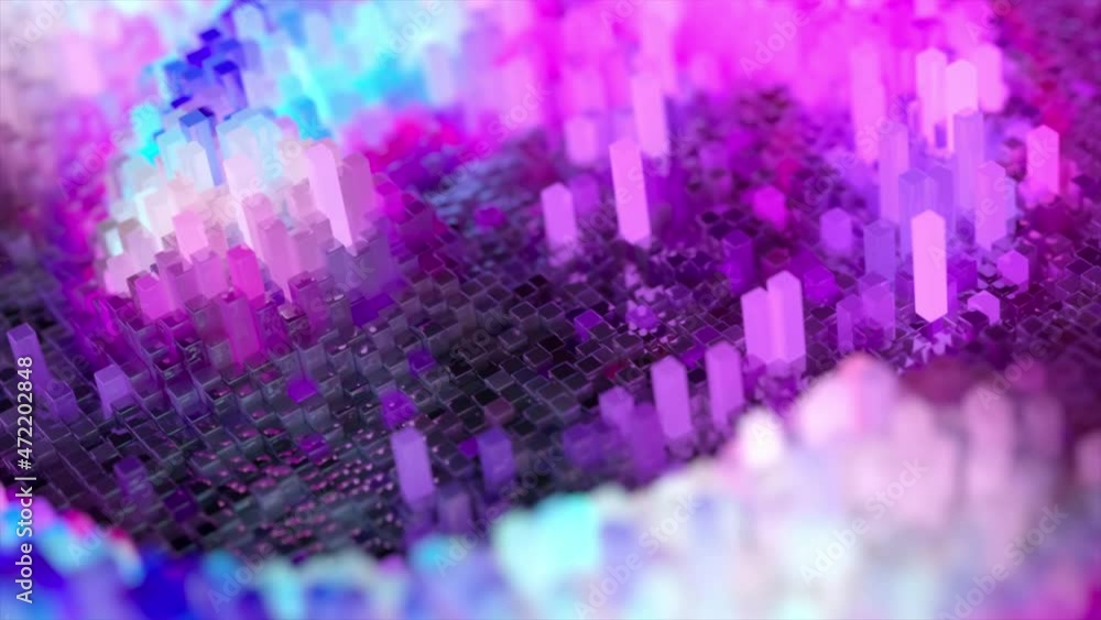 Poster abstract wave surface consisting of blocks moves in a random chaotic order. blue pink color. 3d anim