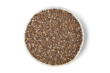 Bowl of chia seeds on white background