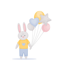 Vector illustration with cute little hare, balloons. Children greeting card, banner, advertising or poster.