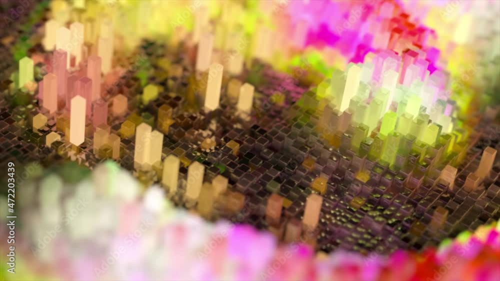 Poster abstract wave surface consisting of blocks moves in a random chaotic order. pink yellow color. 3d an