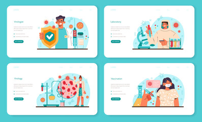 Virologist web banner or landing page set. Scientist studies viruses