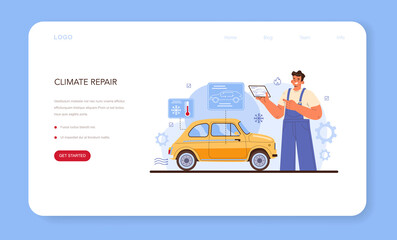 Car service web banner or landing page. Mechanic in uniform check a climate
