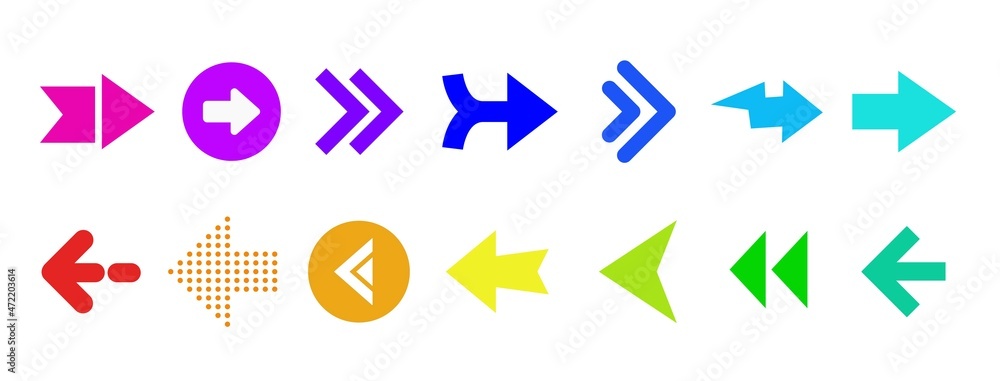 Poster colourful modern arrows set isolated on white background. ui and web design.
