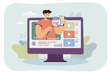 Blogger doing video review for people watching his tech vlog. Cartoon male character advertising new smartphone on his channel flat vector illustration. Online promotion, modern technology concept