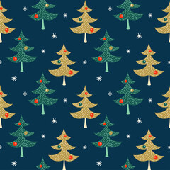 Seamless pattern with Christmas tree and snowflakes on a dark background in cartoon style.
