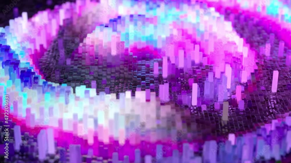 Poster abstract wave surface consisting of blocks moves in a random chaotic order. blue pink color. 3d anim