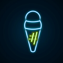 Glowing neon line Ice cream in waffle cone icon isolated on black background. Sweet symbol. Colorful outline concept. Vector