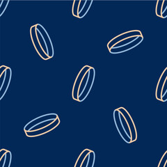 Line Wedding ring icon isolated seamless pattern on blue background. Bride and groom jewelry sign. Marriage symbol. Diamond ring. Vector