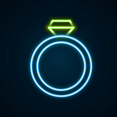 Glowing neon line Diamond engagement ring icon isolated on black background. Colorful outline concept. Vector