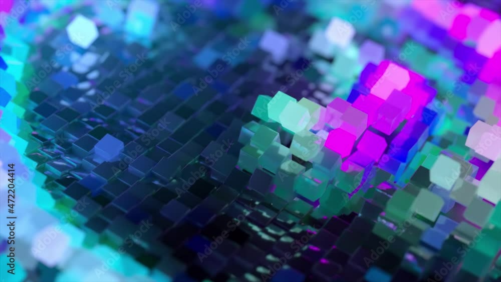 Poster abstract wave surface consisting of blocks moves in a random chaotic order. blue pink color. 3d anim