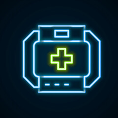 Glowing neon line First aid kit icon isolated on black background. Medical box with cross. Medical equipment for emergency. Healthcare concept. Colorful outline concept. Vector