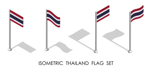 isometric flag of THAILAND in static position and in motion on flagpole. 3d vector