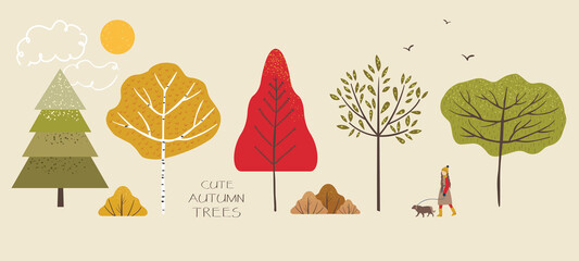 Cute single illustration of autumn trees, fir trees, birch, bushes, leaves, woman, dog, birds, sun and clouds. Autumn walk objects and nature elements to create a landscape. Vector illustration