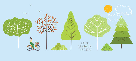 Cute single illustration of summer trees, fir trees, bushes, leaves, flowers, woman, bicycle, birds, sun and clouds. Summer walk objects and nature elements to create a landscape. Vector illustration.