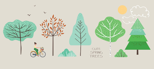 Cute single illustration of spring trees, fir trees, birch, bushes, leaves, woman on bicycle, birds, sun and clouds. Spring walk objects and nature elements to create a landscape. Vector illustration.