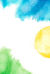 Watercolor illustration. background with floral pattern - grass,.Yellow sun. Watercolor abstract cover . invitation. Blue sky,yellow sun. Abstract splash of paint. Art Logo, card for your design. 