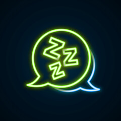 Glowing neon line Sleepy icon isolated on black background. Sleepy zzz talk bubble. Colorful outline concept. Vector