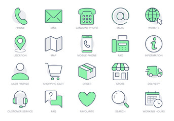 Contact us line icons. Vector illustration include icon - calendar, chat, address, location, landline, office, delivery outline pictogram for customer service. Green Color, Editable Stroke - obrazy, fototapety, plakaty