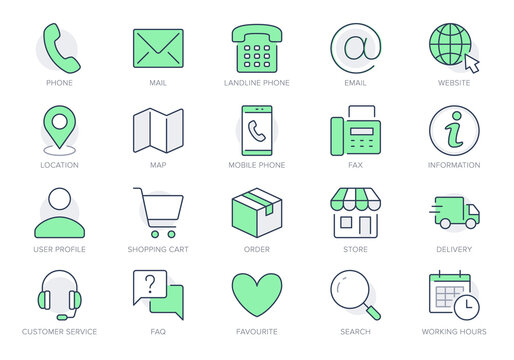 Contact us line icons. Vector illustration include icon - calendar, chat, address, location, landline, office, delivery outline pictogram for customer service. Green Color, Editable Stroke