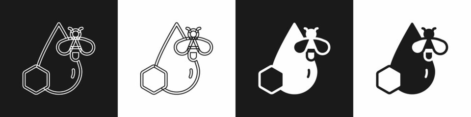 Set Bee and honeycomb icon isolated on black and white background. Honey cells. Honeybee or apis with wings symbol. Flying insect. Sweet natural food. Vector