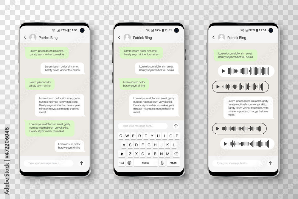 Poster Smartphone with message chat speech bubbles. Mobile app template
