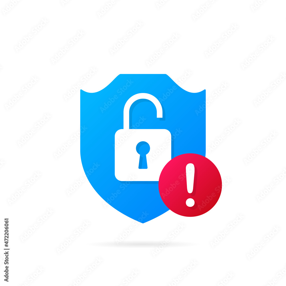 Aufkleber open protection system. blue shield with open lock and warning sign. security guard symbol