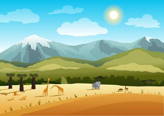 African safari flat vector banner concept. Beautiful nature landscape with cartoon animal characters. Tropical tourism, exotic recreation poster. Wilderness savannah illustration