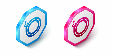 Isometric Garden hose icon isolated on white background. Spray gun icon. Watering equipment. Hexagon button. Vector