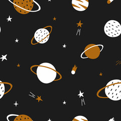 Seamless patterns. Starry sky with planets over black background vector illustration design